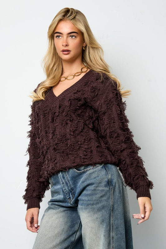 V sweater with fringes - Velaris Femme