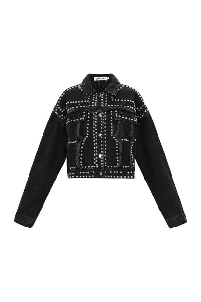 Woven Cotton Women's Denim Jacket Street Solid Color Studded Design - Velaris Femme
