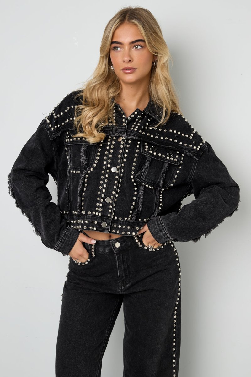 Woven Cotton Women's Denim Jacket Street Solid Color Studded Design - Velaris Femme