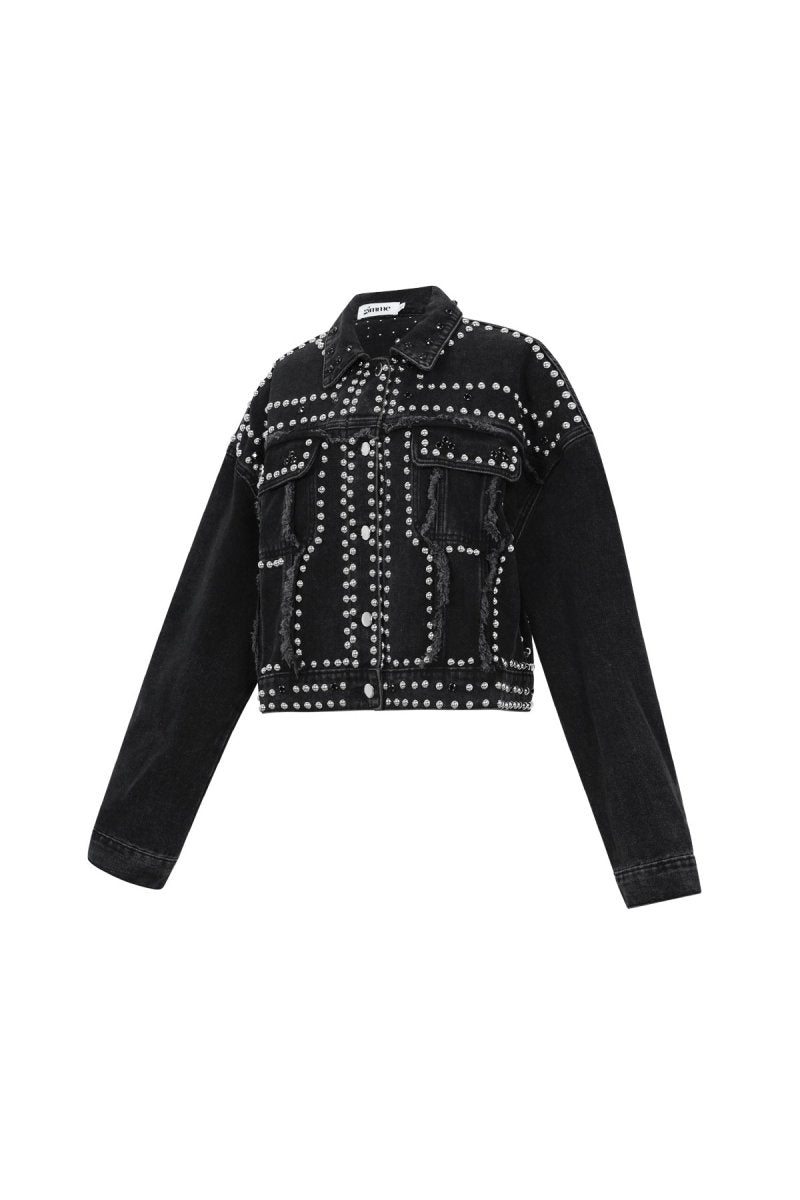 Woven Cotton Women's Denim Jacket Street Solid Color Studded Design - Velaris Femme