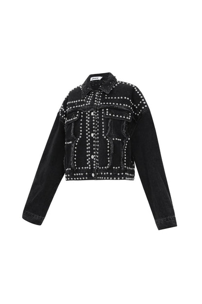 Woven Cotton Women's Denim Jacket Street Solid Color Studded Design - Velaris Femme