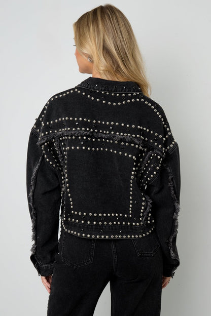 Woven Cotton Women's Denim Jacket Street Solid Color Studded Design - Velaris Femme