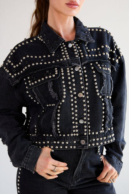 Woven Cotton Women's Denim Jacket Street Solid Color Studded Design - Velaris Femme