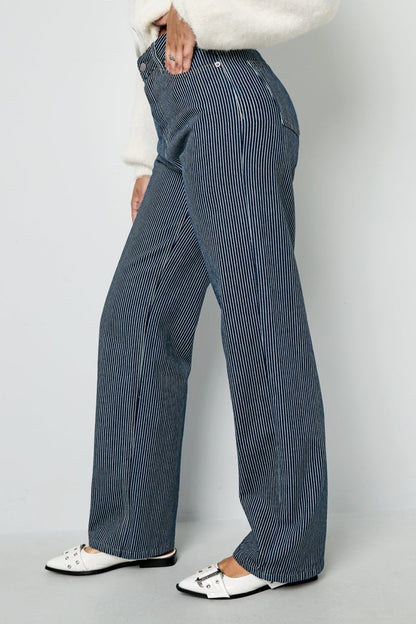 Woven Cotton Women's Straight Leg Pants Casual Stripes - Velaris Femme