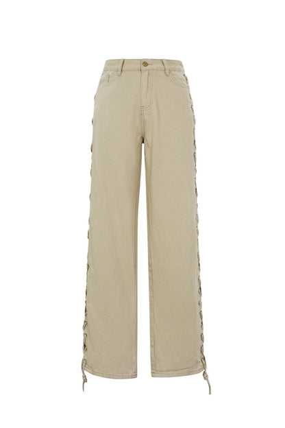 Woven Cotton Women's Straight Leg Pants Tie - up Casual - Velaris Femme