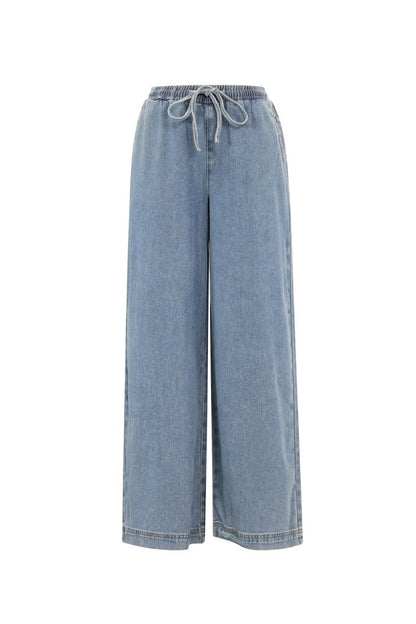 Woven Cotton Women's Wide Leg Denim Pants Sporty Solid Color - Velaris Femme