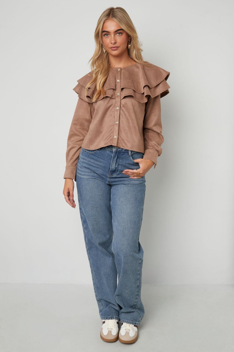 Woven Polyester Fiber Women's Blouse Elegant Ruffle Trim - Velaris Femme
