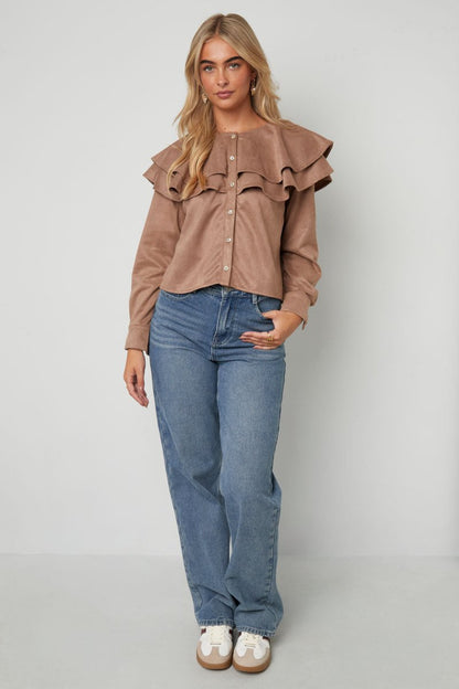 Woven Polyester Fiber Women's Blouse Elegant Ruffle Trim - Velaris Femme