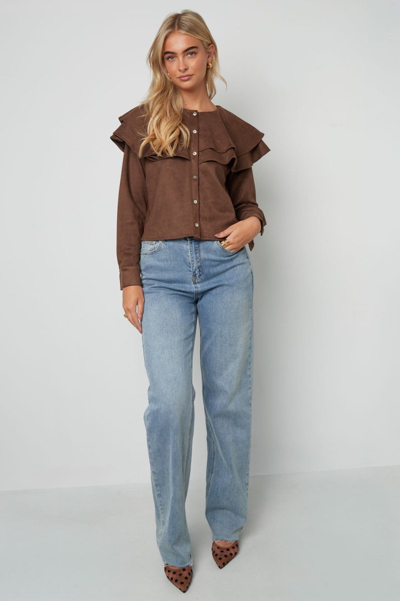 Woven Polyester Fiber Women's Blouse Elegant Ruffle Trim - Velaris Femme