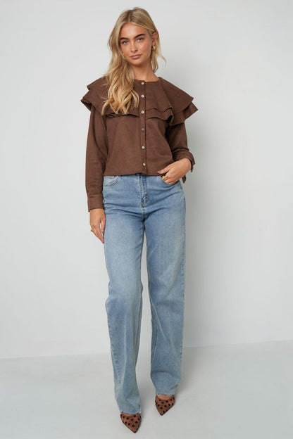Woven Polyester Fiber Women's Blouse Elegant Ruffle Trim - Velaris Femme