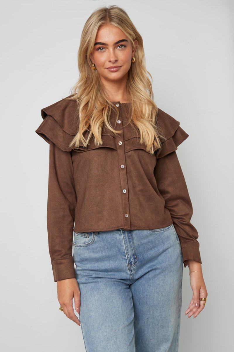 Woven Polyester Fiber Women's Blouse Elegant Ruffle Trim - Velaris Femme