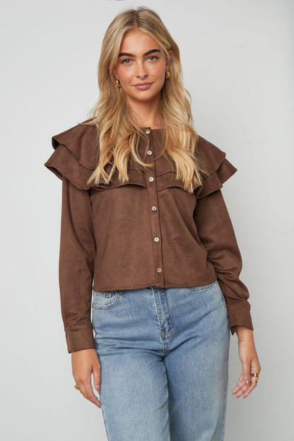 Woven Polyester Fiber Women's Blouse Elegant Ruffle Trim - Velaris Femme