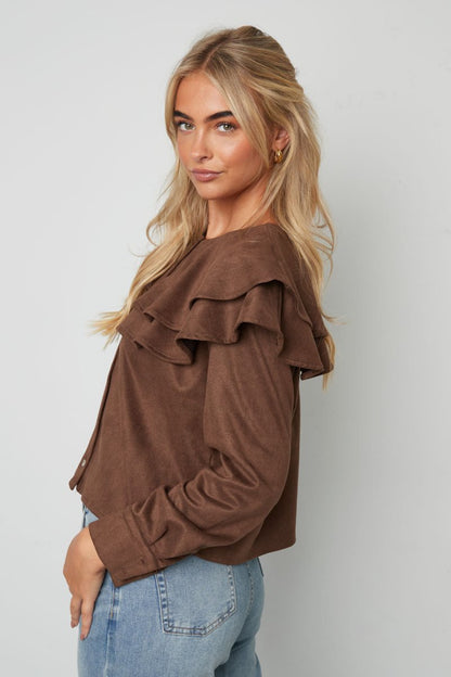 Woven Polyester Fiber Women's Blouse Elegant Ruffle Trim - Velaris Femme