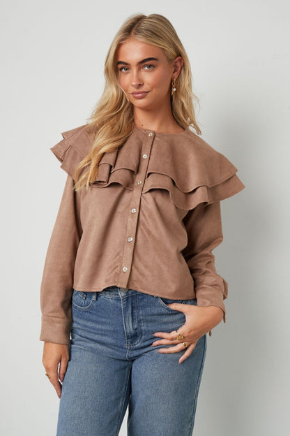 Woven Polyester Fiber Women's Blouse Elegant Ruffle Trim - Velaris Femme