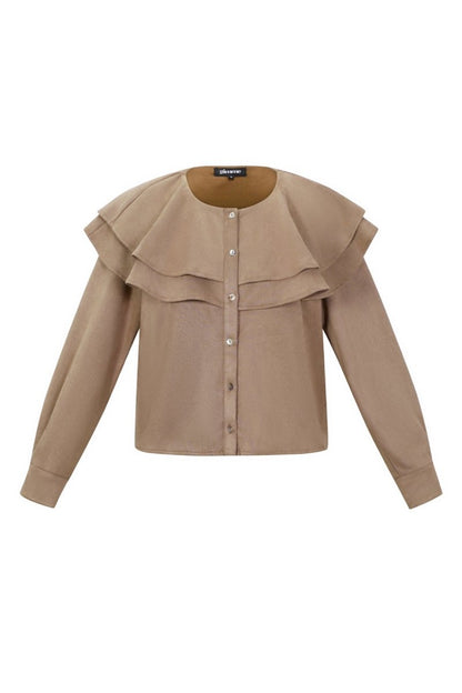 Woven Polyester Fiber Women's Blouse Elegant Ruffle Trim - Velaris Femme