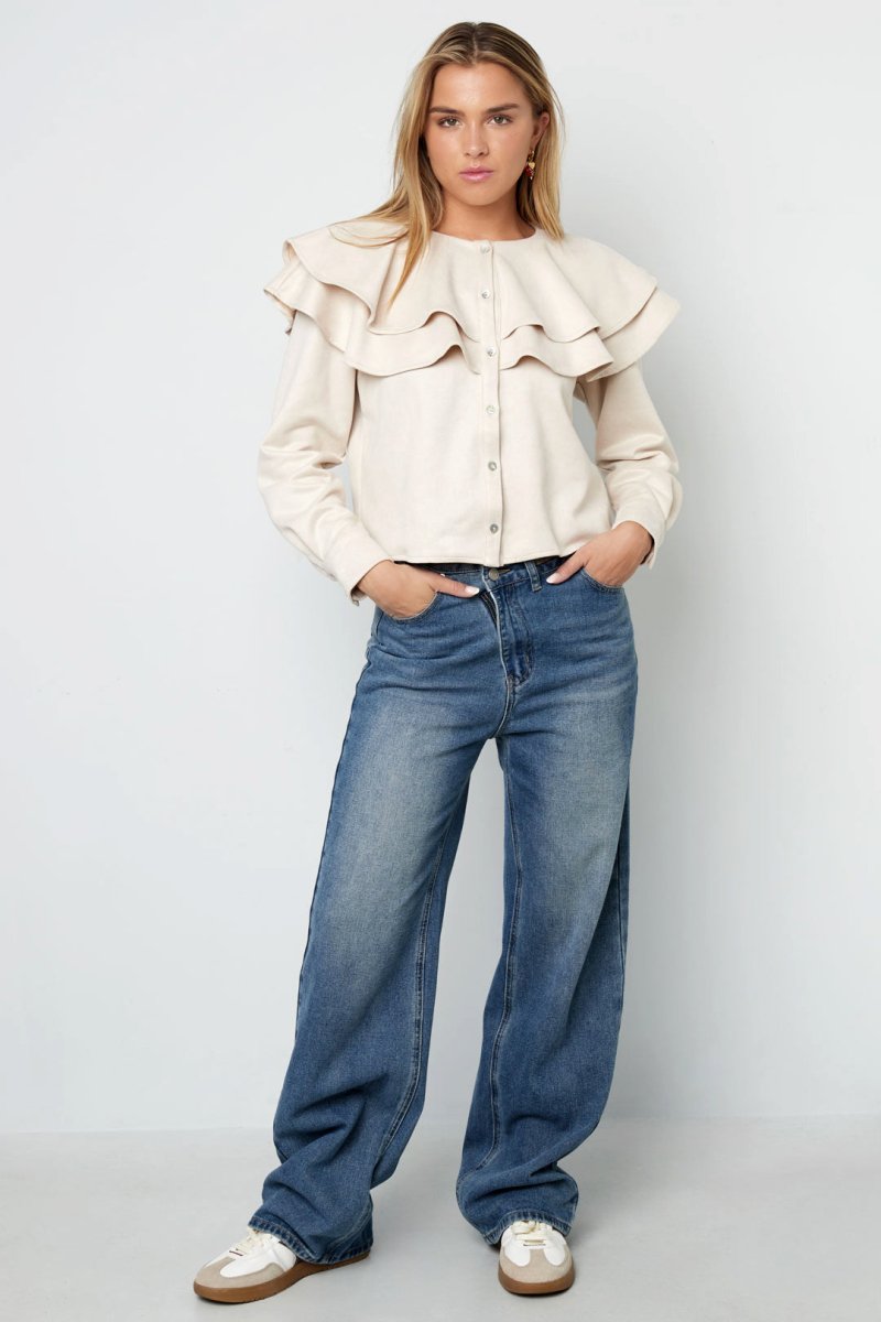 Woven Polyester Fiber Women's Blouse Elegant Ruffle Trim - Velaris Femme