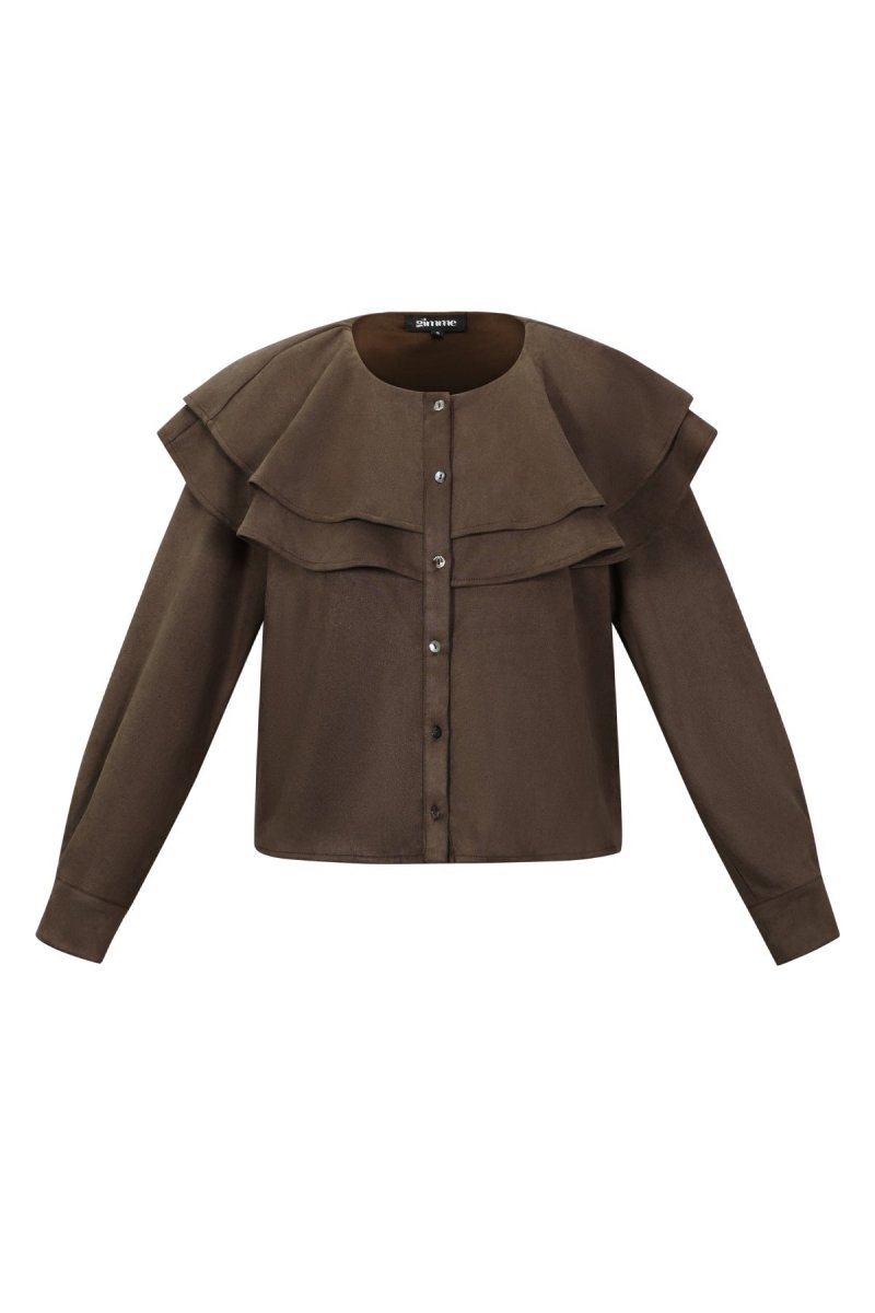 Woven Polyester Fiber Women's Blouse Elegant Ruffle Trim - Velaris Femme