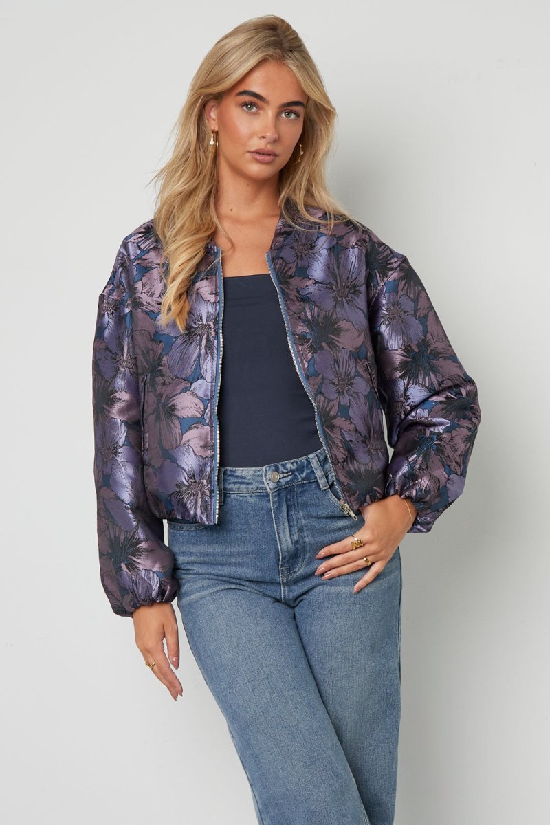 Woven Polyester Fiber Women's Bomber Jacket Casual Floral Print - Velaris Femme