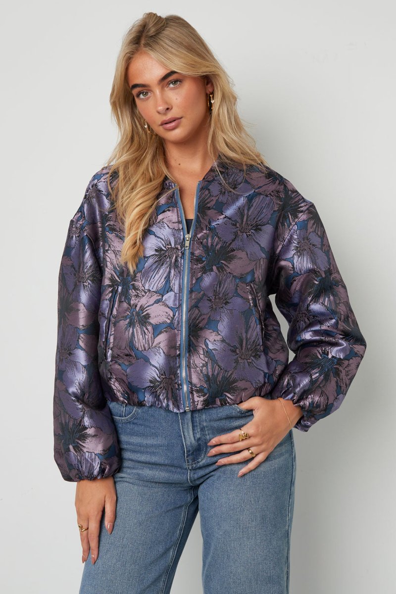 Woven Polyester Fiber Women's Bomber Jacket Casual Floral Print - Velaris Femme