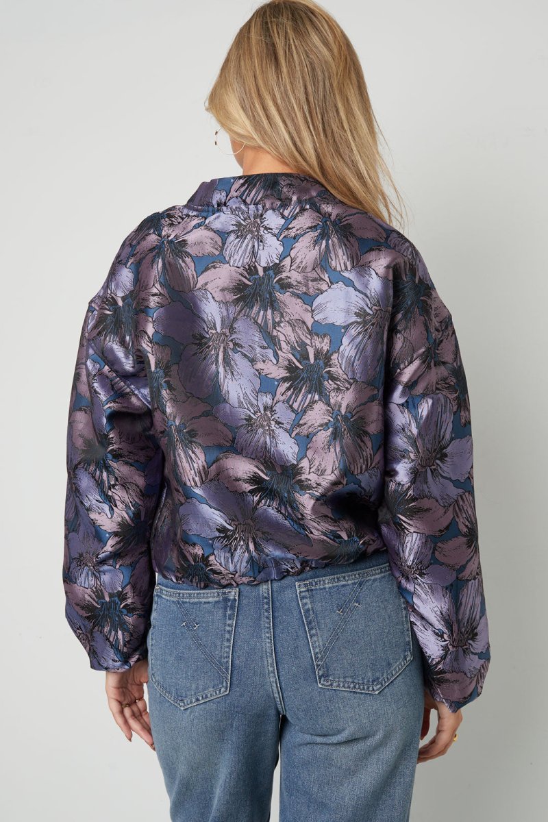 Woven Polyester Fiber Women's Bomber Jacket Casual Floral Print - Velaris Femme
