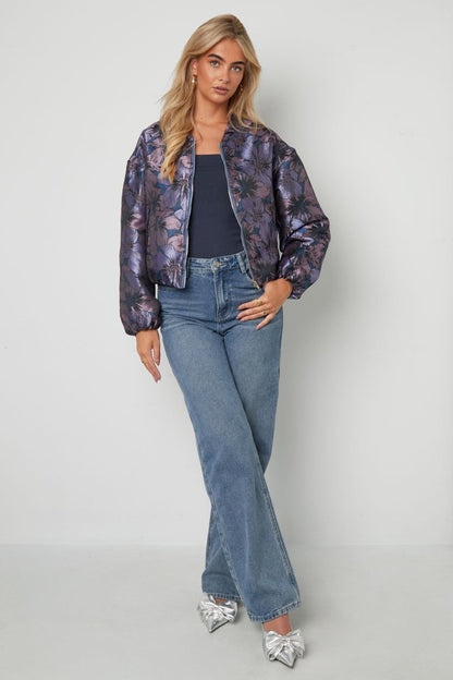 Woven Polyester Fiber Women's Bomber Jacket Casual Floral Print - Velaris Femme