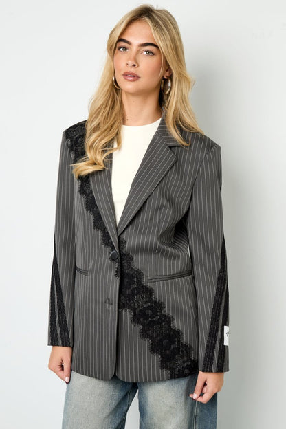 Woven Polyester Fiber Women's Suit Set Elegant Stripes Lace Panel - Velaris Femme