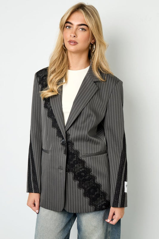 Woven Polyester Fiber Women's Suit Set Elegant Stripes Lace Panel - Velaris Femme