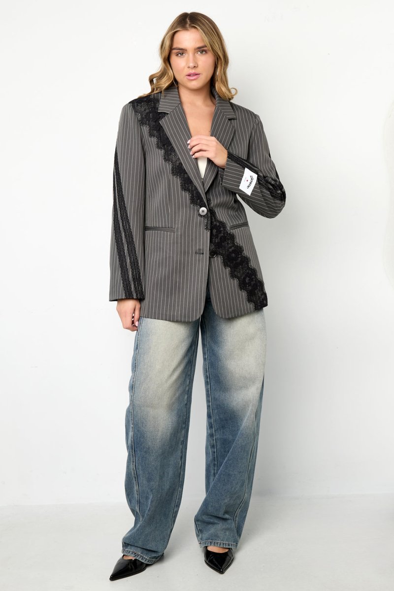 Woven Polyester Fiber Women's Suit Set Elegant Stripes Lace Panel - Velaris Femme