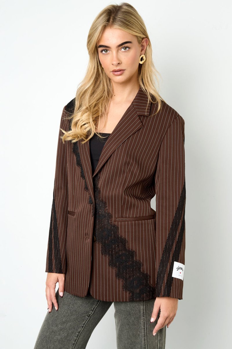 Woven Polyester Fiber Women's Suit Set Elegant Stripes Lace Panel - Velaris Femme