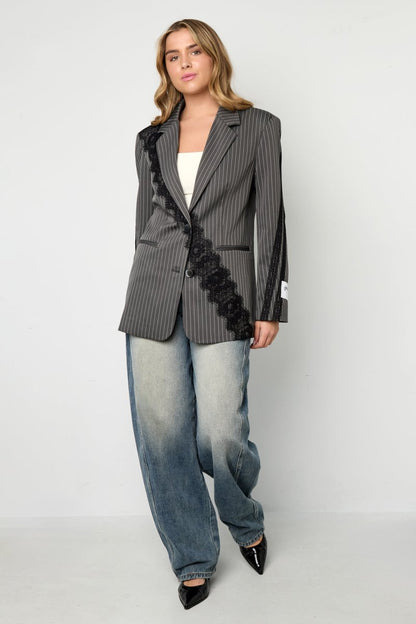 Woven Polyester Fiber Women's Suit Set Elegant Stripes Lace Panel - Velaris Femme